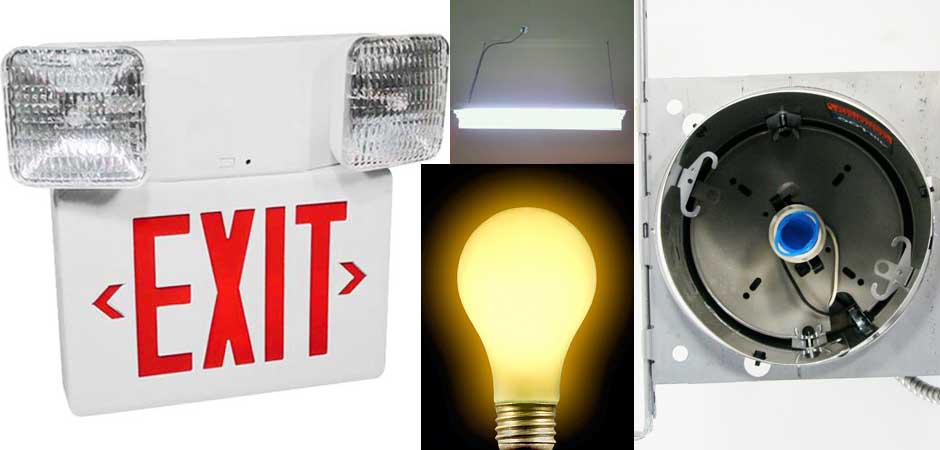 LIGHTING, Exit sign, T5 shop light, Can light, Light replacement